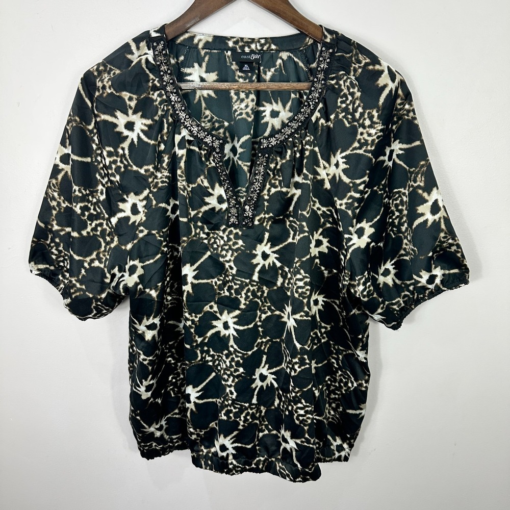 east 5th Blouse Womens XL Black Animal Print Beaded V-Neck‎ Short Sleeve Top